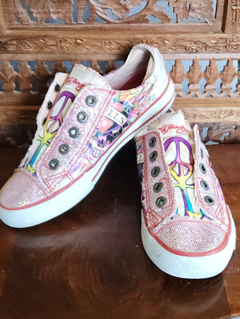 Children's Ed Hardy Pink Peace Glitter Laceless Sneakers